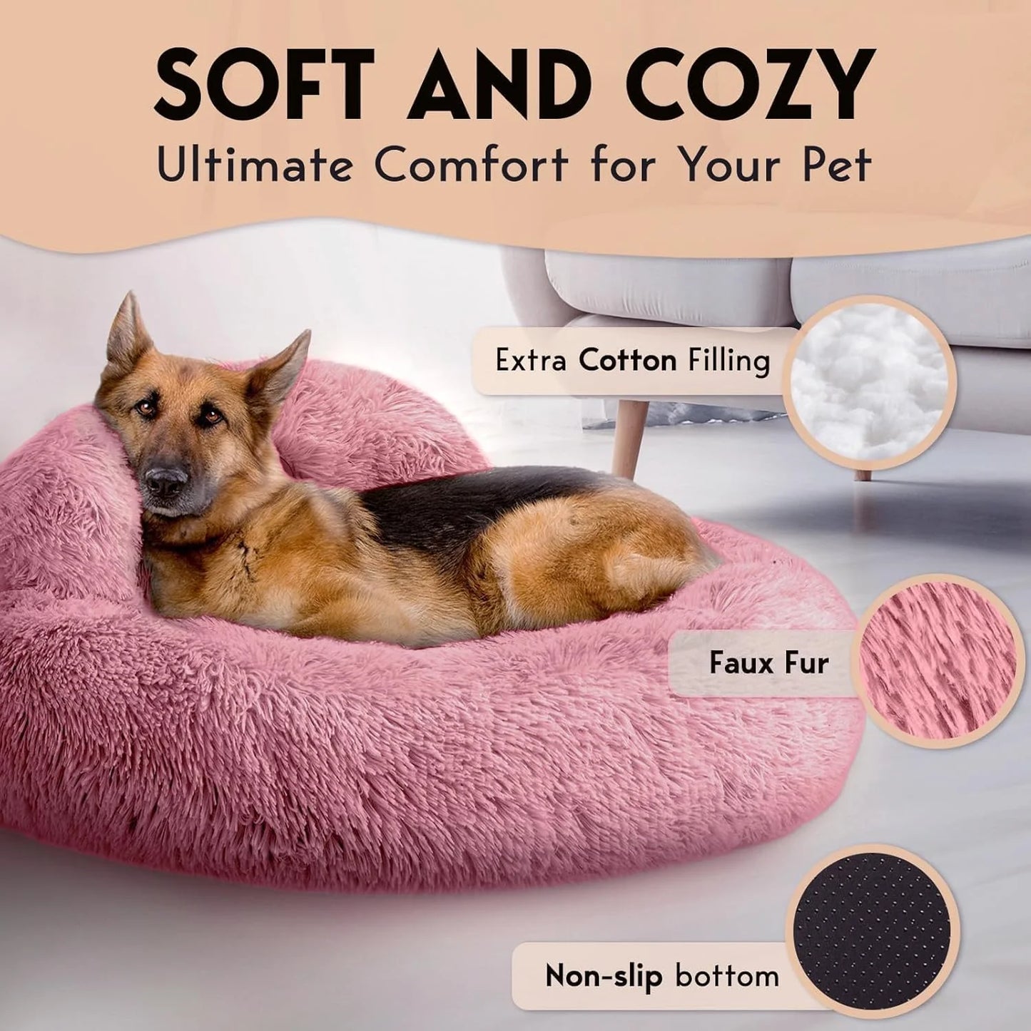 Petjett Calming Large Dog Bed -' Donut Dog Beds, Anti-Slip & Washable Large round Bed, Fluffy Faux Fur Pet Bed, Super Soft Anti-Anxiety Premium Comfort Bed, Fits Dog - Pink