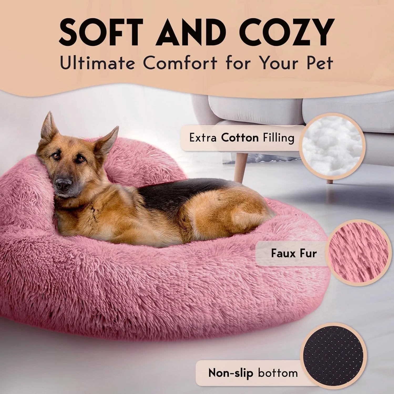 Petjett Calming Large Dog Bed -' Donut Dog Beds, Anti-Slip & Washable Large round Bed, Fluffy Faux Fur Pet Bed, Super Soft Anti-Anxiety Premium Comfort Bed, Fits Dog - Pink