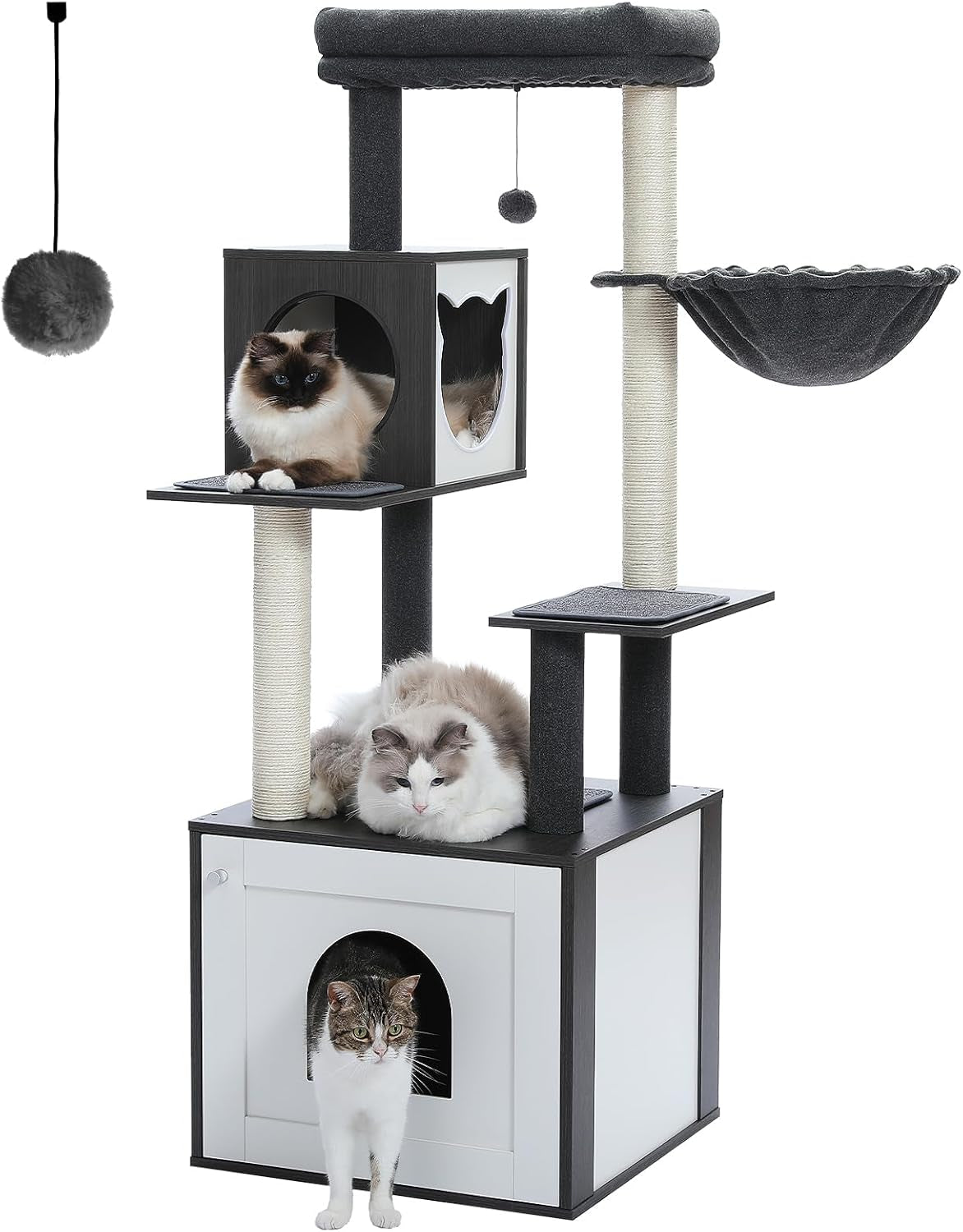 56.7" Large Cat Tree with Litter Box Enclosure, Wooden Indoor Cat Tower Featuring Storage Cabinet, Cozy Condo, Sisal-Covered Scratching Post, and Replaceable Dangling Balls in Black