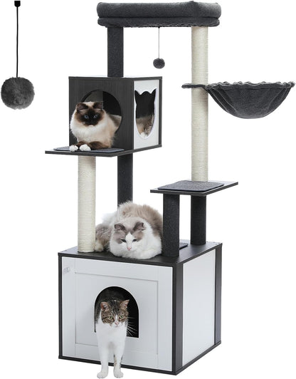 56.7" Large Cat Tree with Litter Box Enclosure, Wooden Indoor Cat Tower Featuring Storage Cabinet, Cozy Condo, Sisal-Covered Scratching Post, and Replaceable Dangling Balls in Black
