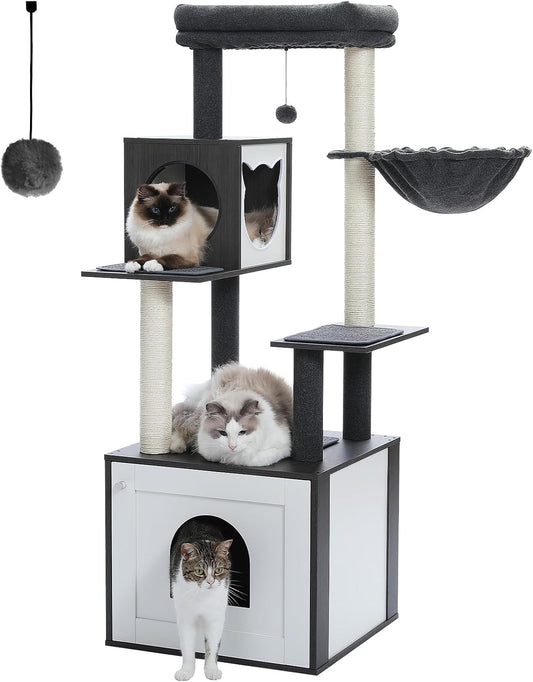 56.7" Large Cat Tree with Litter Box Enclosure, Wooden Indoor Cat Tower Featuring Storage Cabinet, Cozy Condo, Sisal-Covered Scratching Post, and Replaceable Dangling Balls in Black