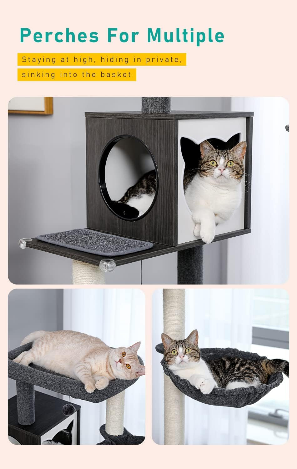 56.7" Large Cat Tree with Litter Box Enclosure, Wooden Indoor Cat Tower Featuring Storage Cabinet, Cozy Condo, Sisal-Covered Scratching Post, and Replaceable Dangling Balls in Black