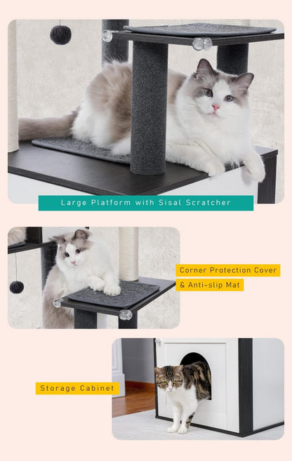 56.7" Large Cat Tree with Litter Box Enclosure, Wooden Indoor Cat Tower Featuring Storage Cabinet, Cozy Condo, Sisal-Covered Scratching Post, and Replaceable Dangling Balls in Black