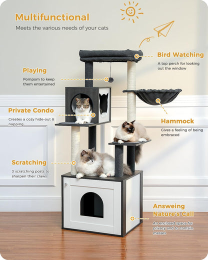 56.7" Large Cat Tree with Litter Box Enclosure, Wooden Indoor Cat Tower Featuring Storage Cabinet, Cozy Condo, Sisal-Covered Scratching Post, and Replaceable Dangling Balls in Black