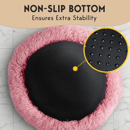 Petjett Calming Large Dog Bed -' Donut Dog Beds, Anti-Slip & Washable Large round Bed, Fluffy Faux Fur Pet Bed, Super Soft Anti-Anxiety Premium Comfort Bed, Fits Dog - Pink