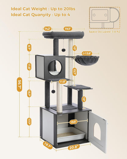 56.7" Large Cat Tree with Litter Box Enclosure, Wooden Indoor Cat Tower Featuring Storage Cabinet, Cozy Condo, Sisal-Covered Scratching Post, and Replaceable Dangling Balls in Black