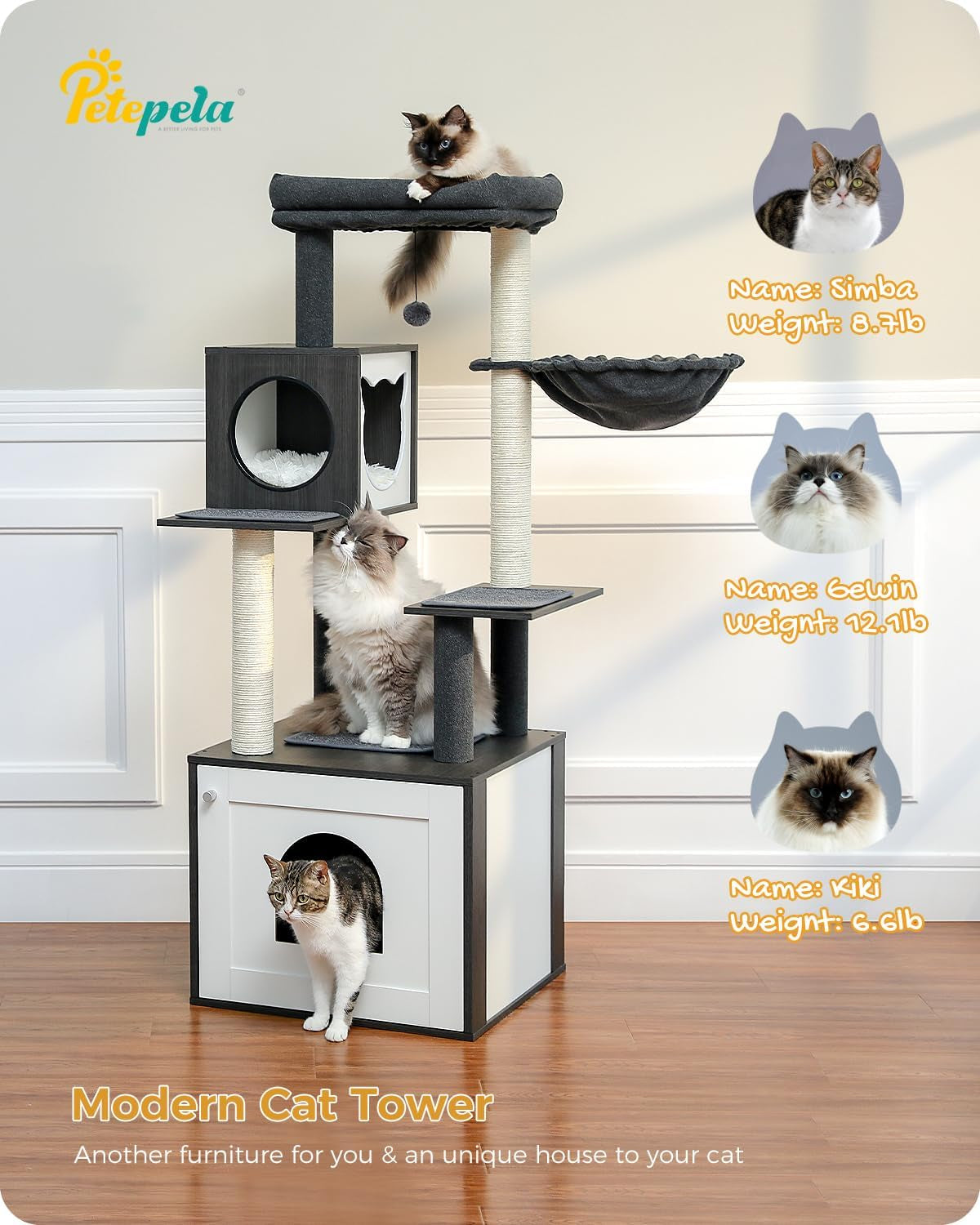 56.7" Large Cat Tree with Litter Box Enclosure, Wooden Indoor Cat Tower Featuring Storage Cabinet, Cozy Condo, Sisal-Covered Scratching Post, and Replaceable Dangling Balls in Black