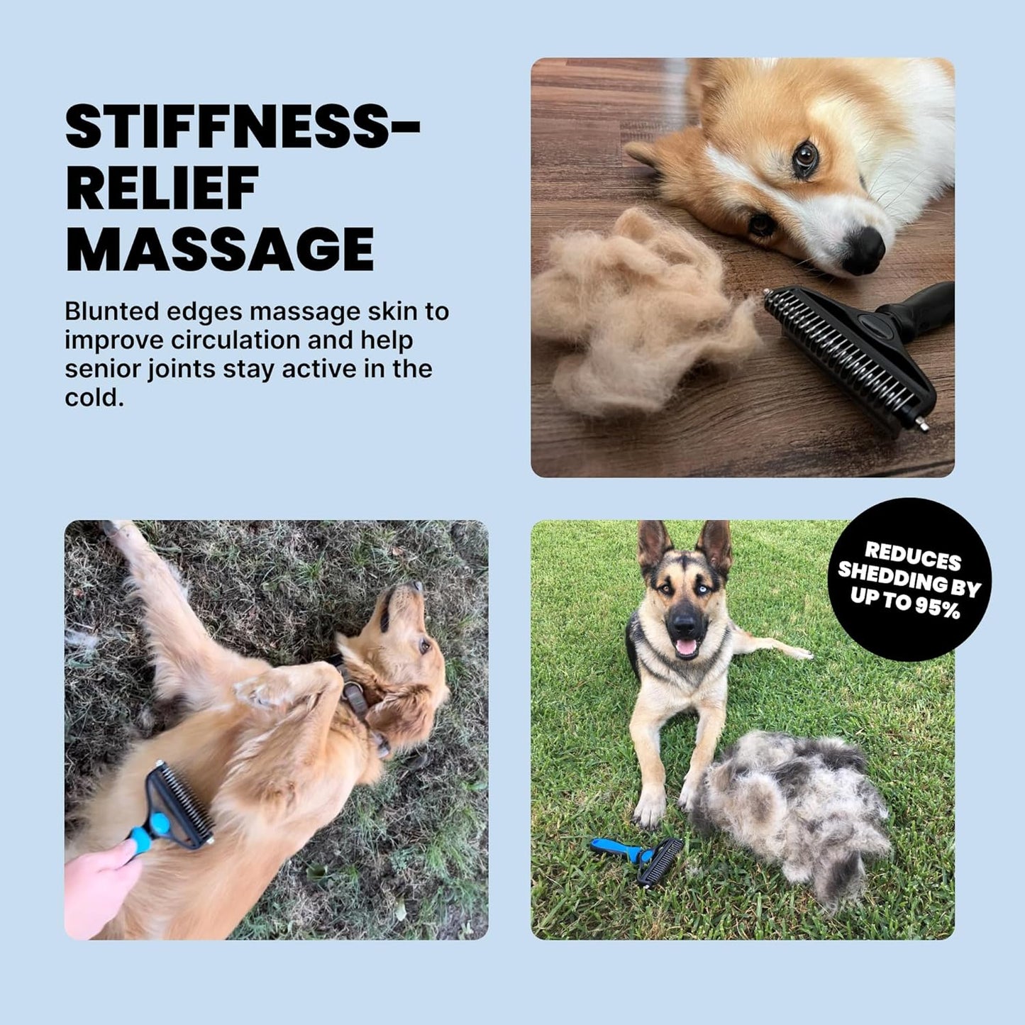 Professional Dog Grooming Brush for Shedding - Large 2-in-1 Deshedding Tool and Undercoat Rake with Dematting Comb for Medium to Large Double Coated Breeds - Blue