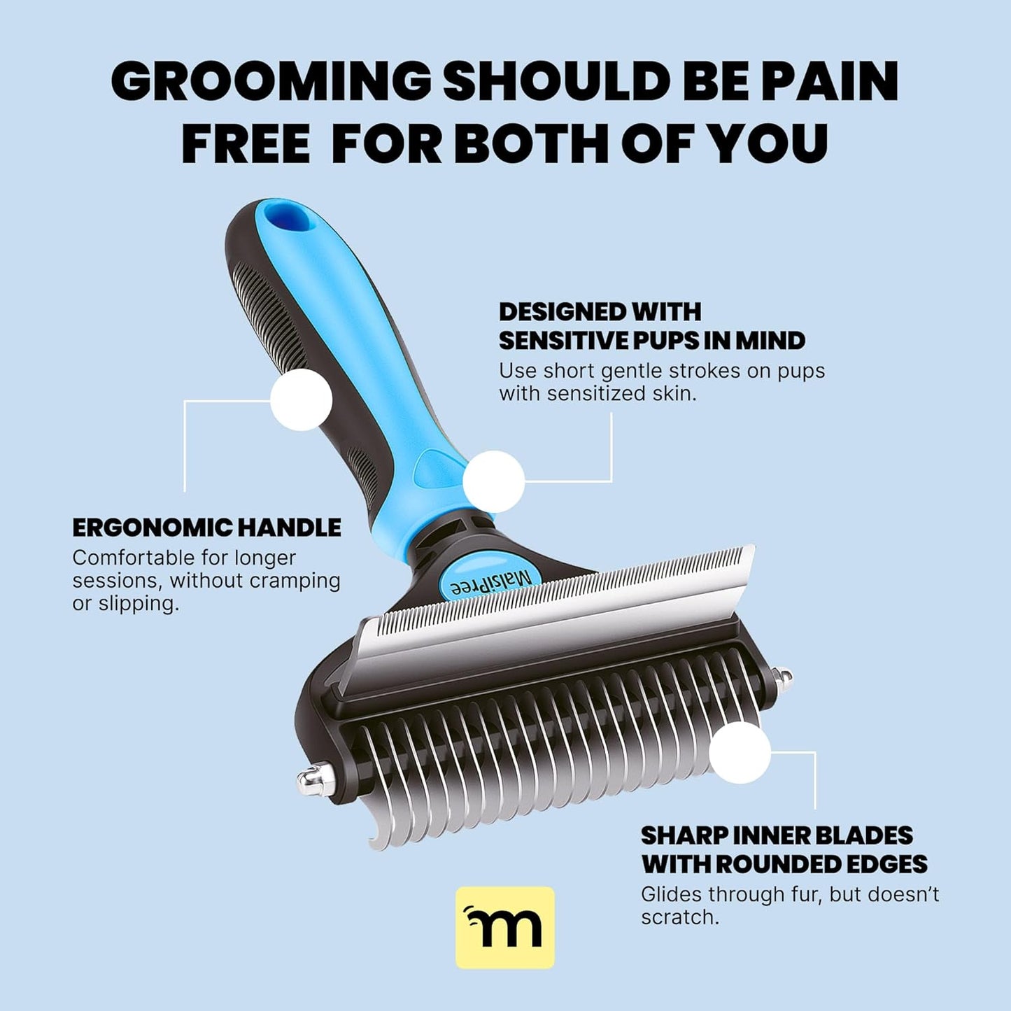 Professional Dog Grooming Brush for Shedding - Large 2-in-1 Deshedding Tool and Undercoat Rake with Dematting Comb for Medium to Large Double Coated Breeds - Blue