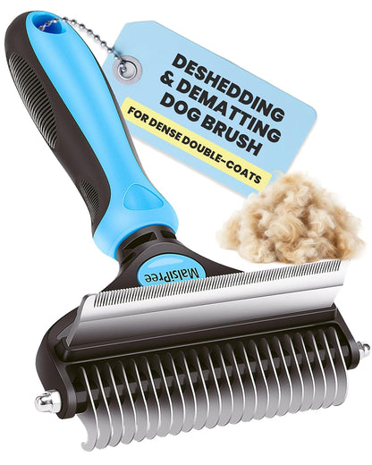 Professional Dog Grooming Brush for Shedding - Large 2-in-1 Deshedding Tool and Undercoat Rake with Dematting Comb for Medium to Large Double Coated Breeds - Blue