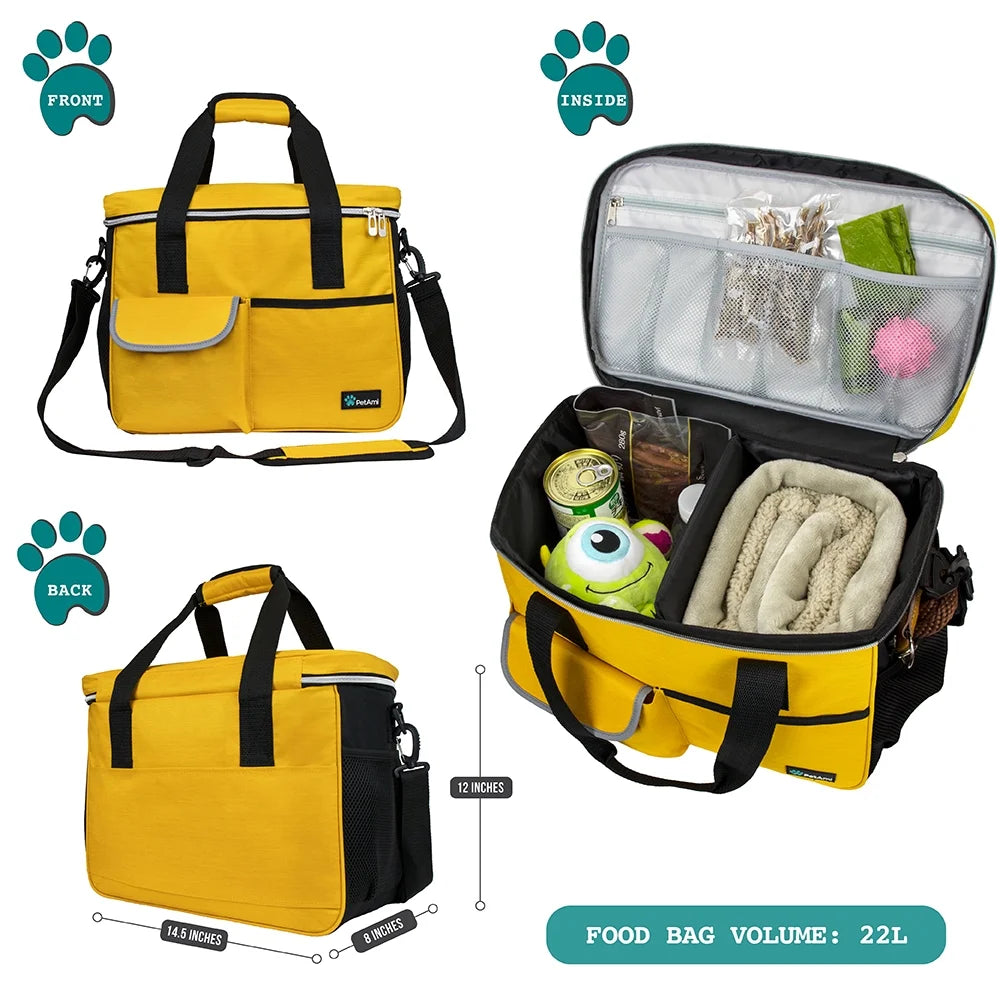 Medium Dog Travel Bag with Food Storage Containers and Bowls, Yellow, 22L Capacity